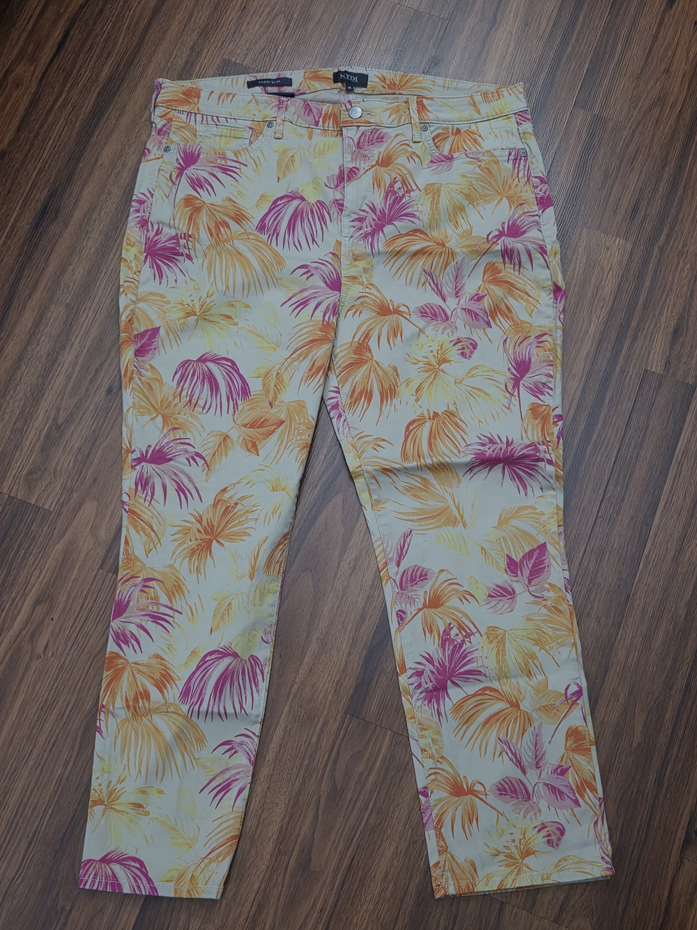 NYDJ Sheri Slim Pants - Pink, Orange & Yellow Palm Print